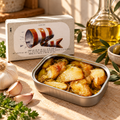 JOSE GOURMET Codfish in Olive Oil with Garlic 120g – opened tin with garlic and olive oil